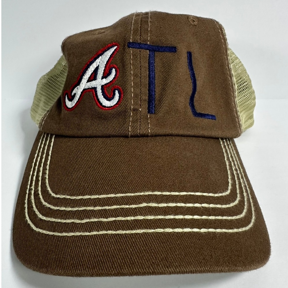 Atlanta Braves ATL Embroidered‎ Trucker Hat Brown Tan Mesh Adjustable